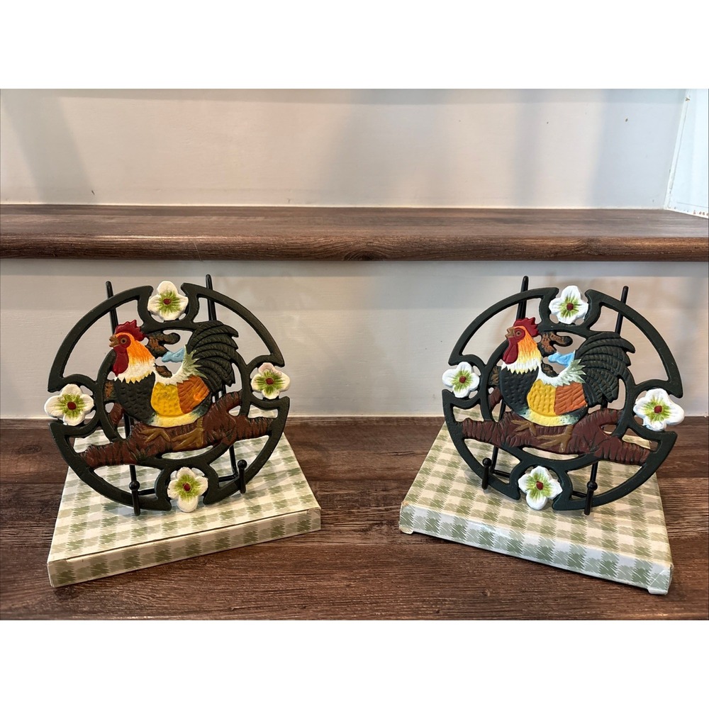 Set of 2 Vintage Cast Iron Rustic Rooster Trivet painted Multicolored w/boxes